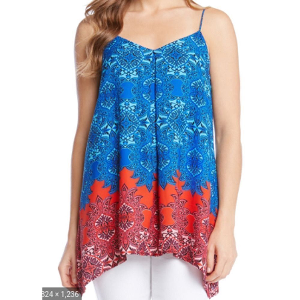 🌿 Karen Kane XS Cami Tank Top Blue Red Print Adjustable Straps Lined